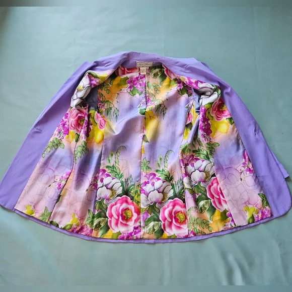 DIANE GILMAN PURPLE 100% SILK ONE BUTTON BLAZER FLORAL LINED - Picture 3 of 9